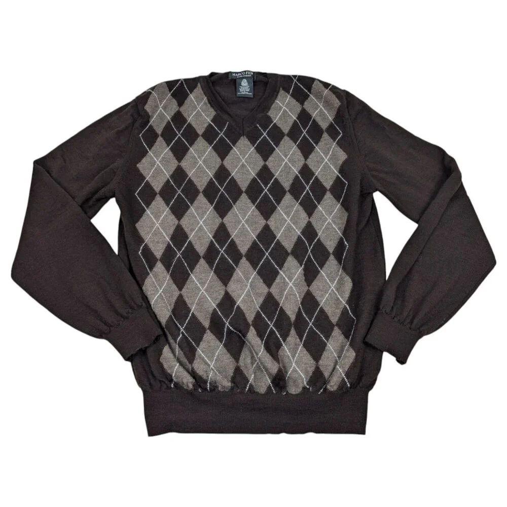 Marco Fiori Sweater Mens Size‎ L Brown Argyle Made In Italy Merino Wool Business
